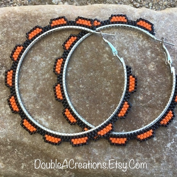 Orange Beaded Hoops, New, Handmade by Me - Picture 5 of 9
